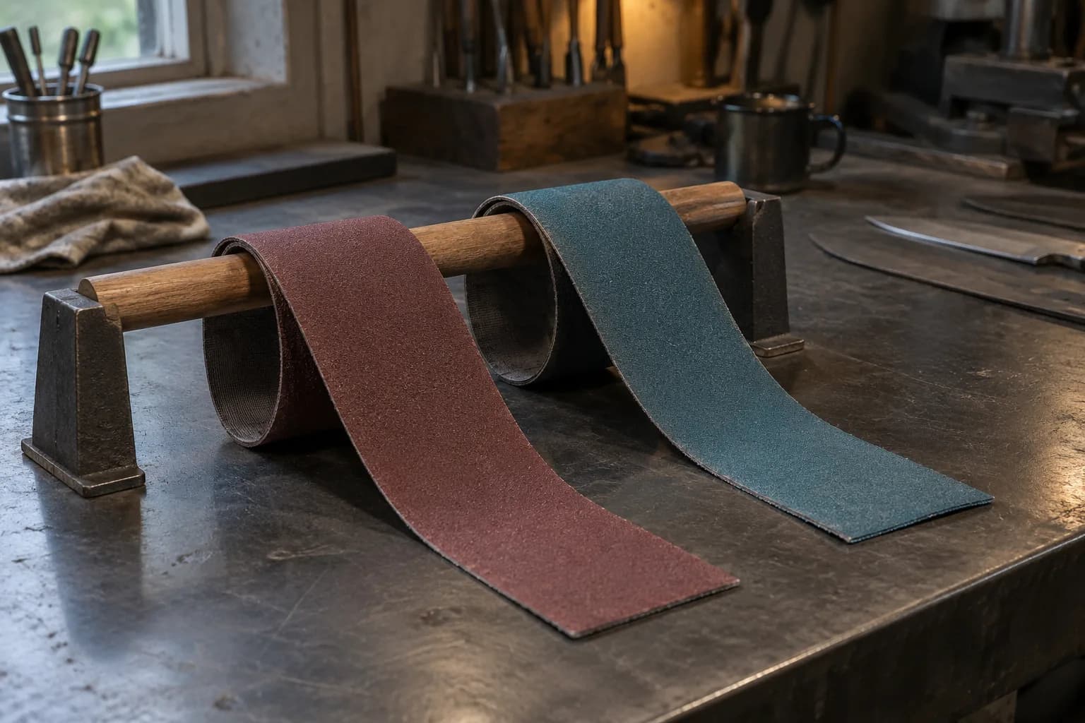 Maroon and blue-green abrasive belt strips draped over a wooden dowel on iron stands, cloth backing visible in the bends.