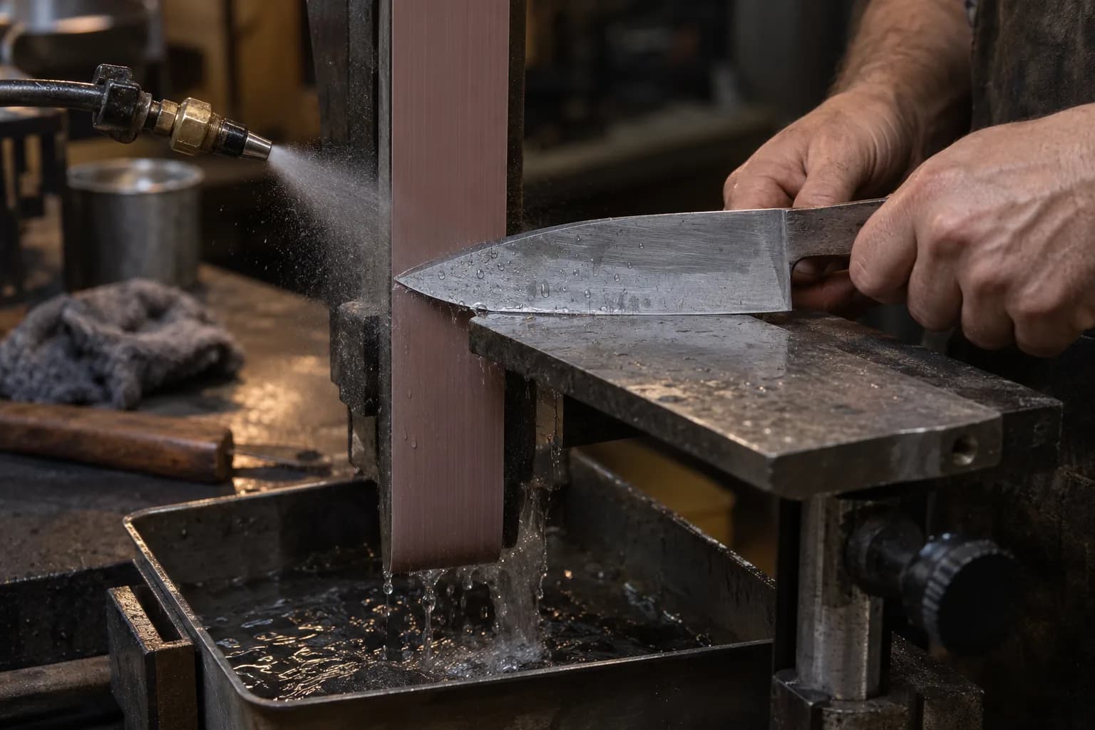 Brass coolant nozzle sprays mist at a knife tip touching a vertical belt, with water draining into the tray below.
