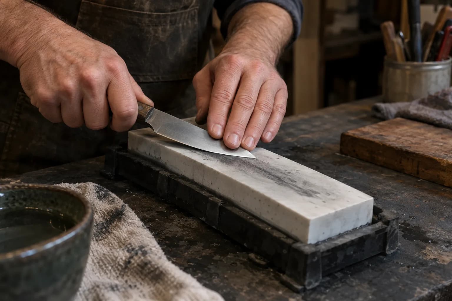 Hands hold a small fixed blade at a shallow angle on a pale ceramic bench stone in a black base, with dark swarf streaks.