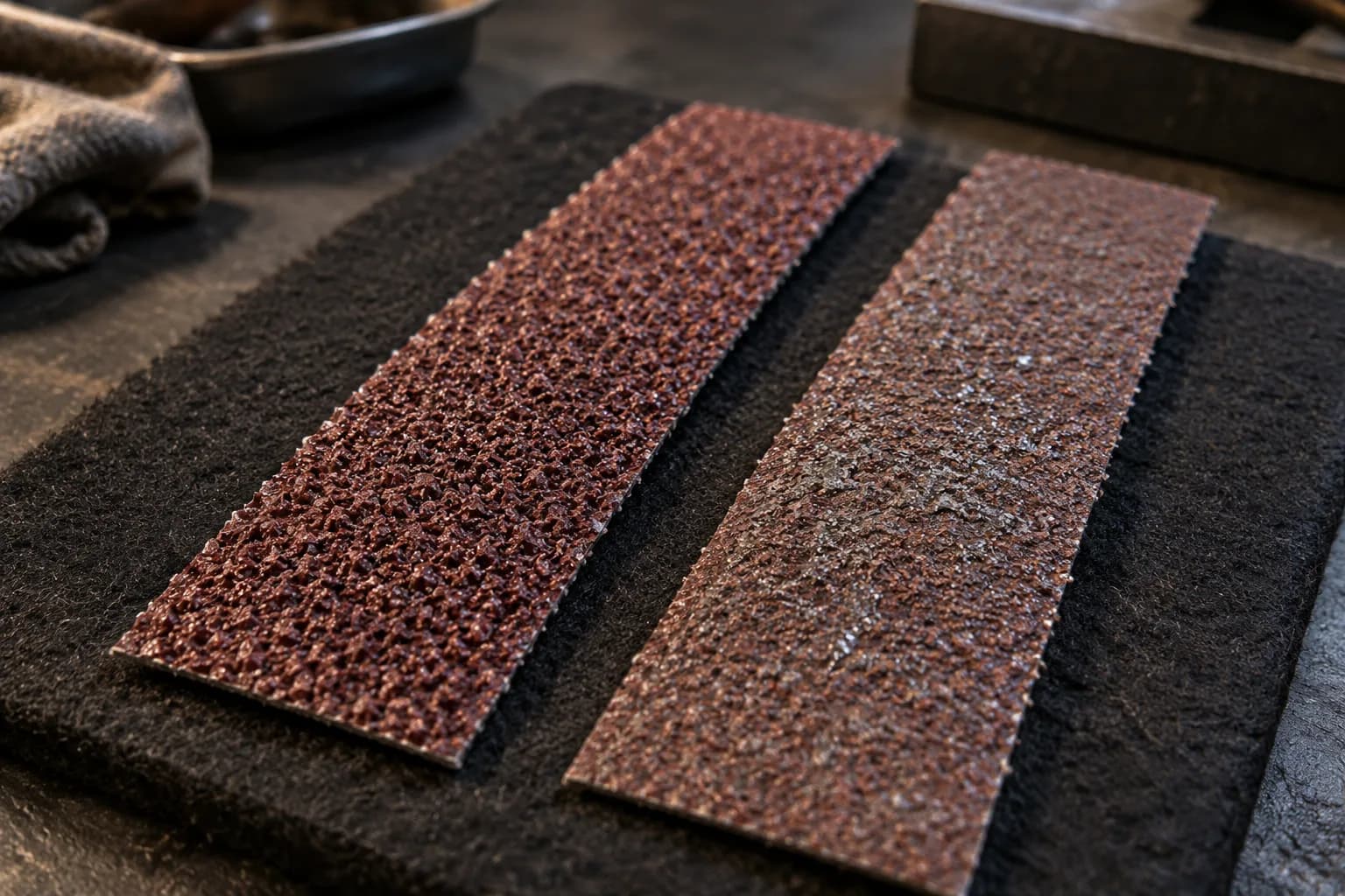 Two cut strips of coarse belt on black felt: fresh sharp red grit on the left, worn grit with silver metal loading on the right.