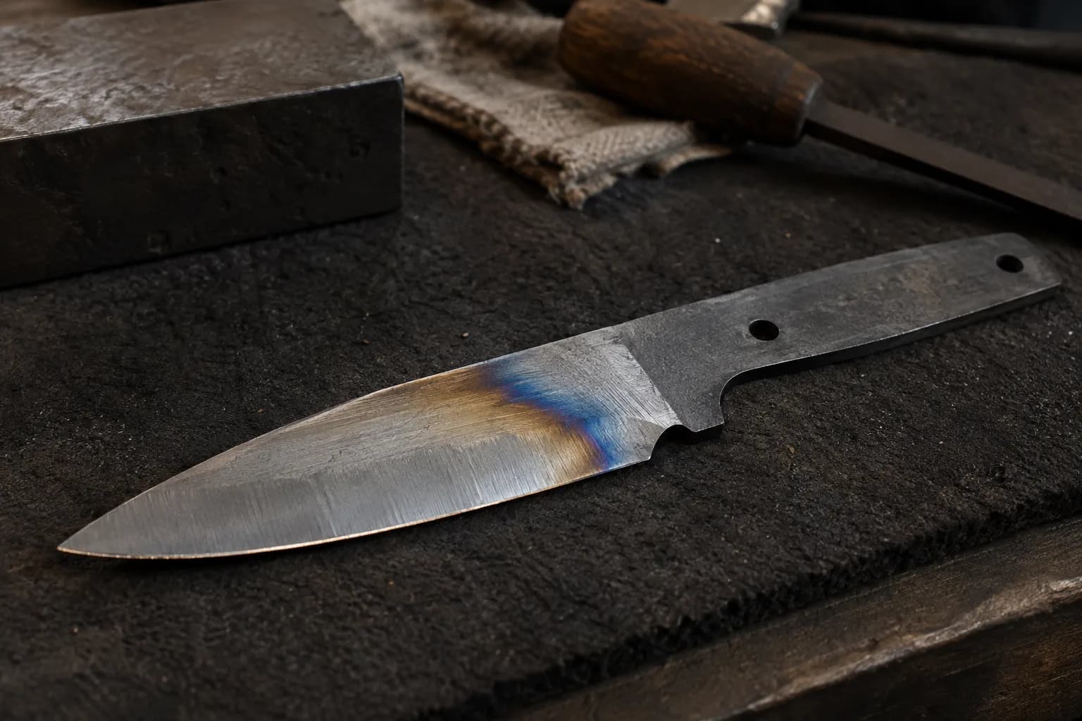 Thin knife blank lying on a dark pad with a straw-to-blue heat-tinted patch near the heel of the edge.
