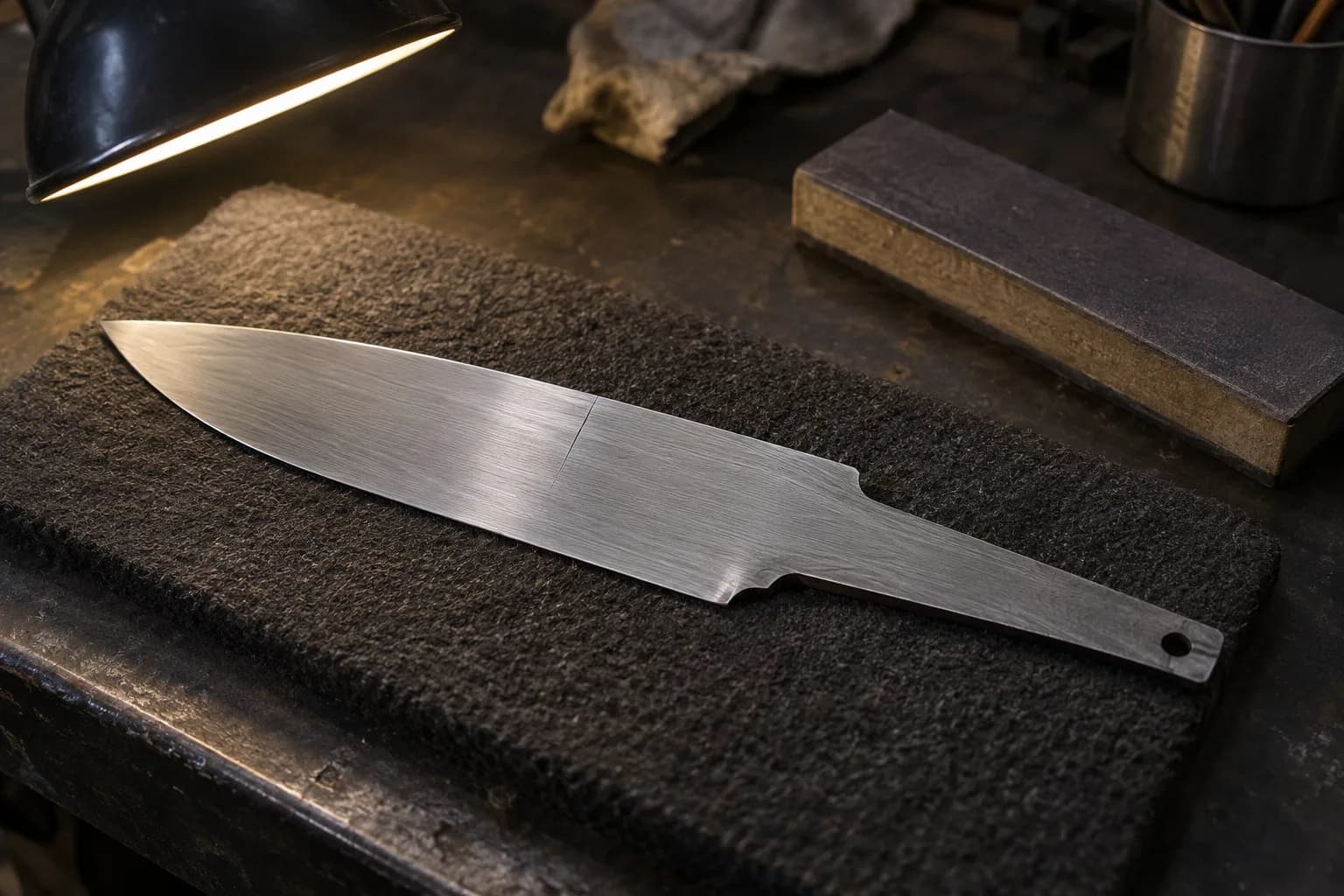 Hand-sanded unetched blade blank on a charcoal pad under a low inspection lamp, with a crosswise scratch catching the light.