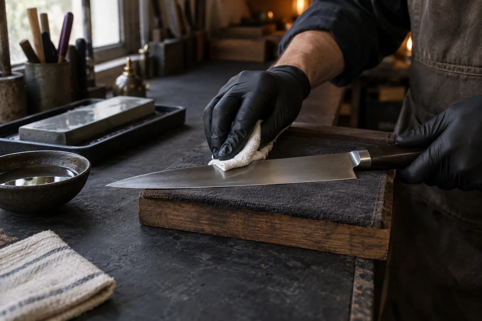 Gloved hands wipe a thin film of oil along a carbon-steel knife resting on a padded board, with a wet stone and oil bowl behind.