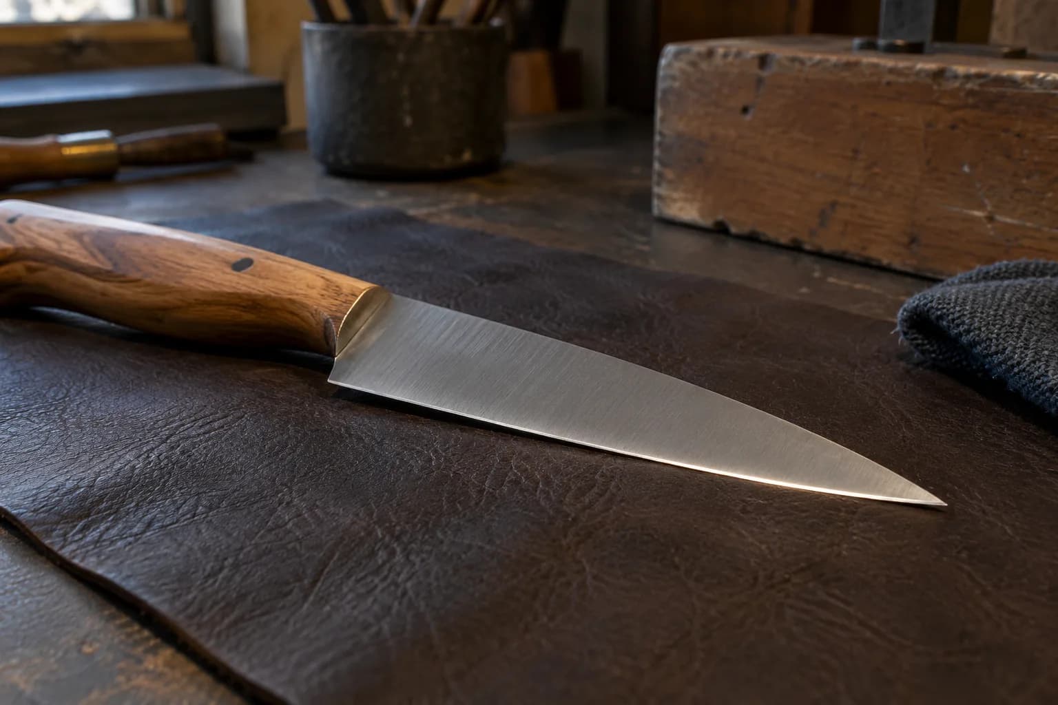 Slender finished kitchen knife with a walnut-style handle lying on dark leather, its narrow edge catching a thin highlight.