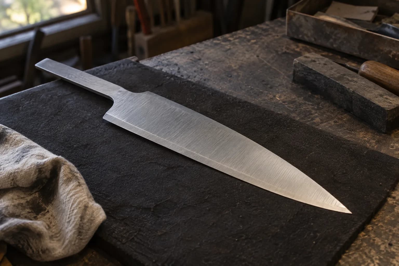 Unhandled flat-ground chef-knife blank with fine lengthwise scratches and plain tang lying on a dark pad in a small shop.
