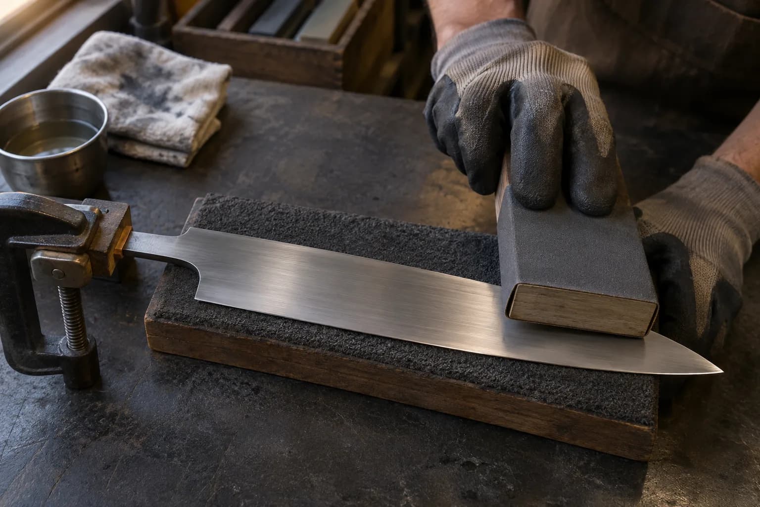 Gloved hands push a paper-wrapped sanding block along a clamped, handleless kitchen blade lying on a felt-padded board.