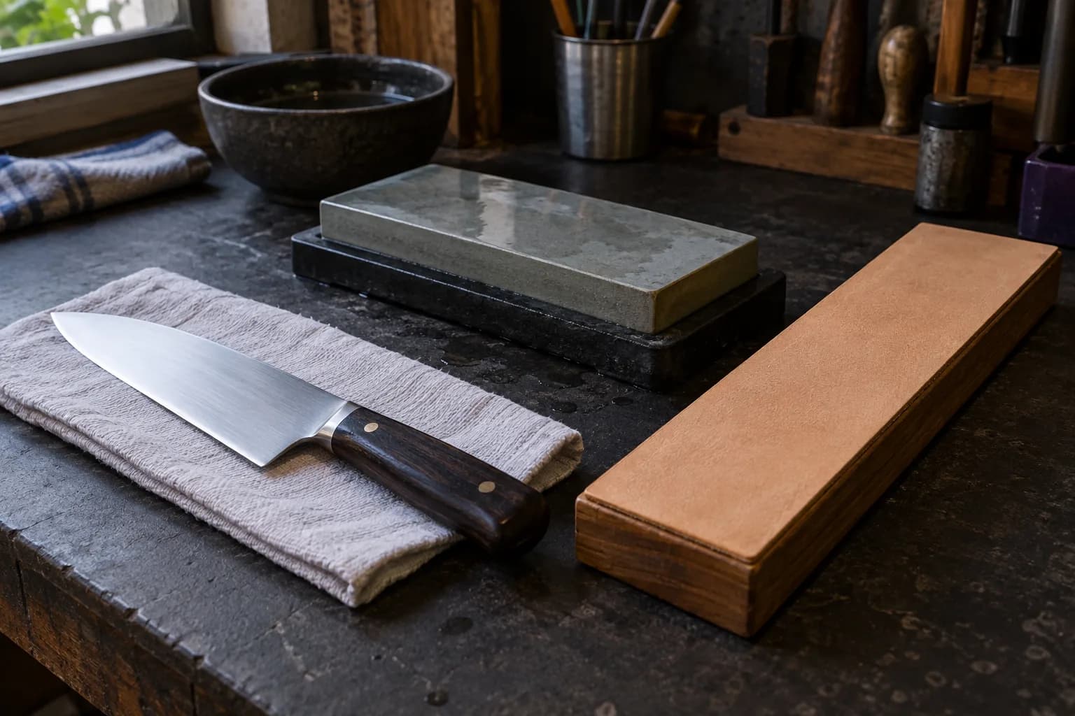 Chef knife on a folded cloth beside a damp waterstone in a holder and a bare tan leather strop on a wooden block.