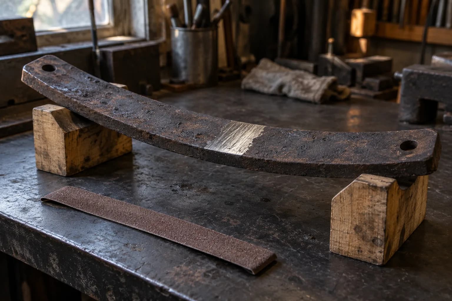 Rusted, pitted leaf-spring section on two wood blocks with a bright ground patch and a coarse abrasive strip beside it.