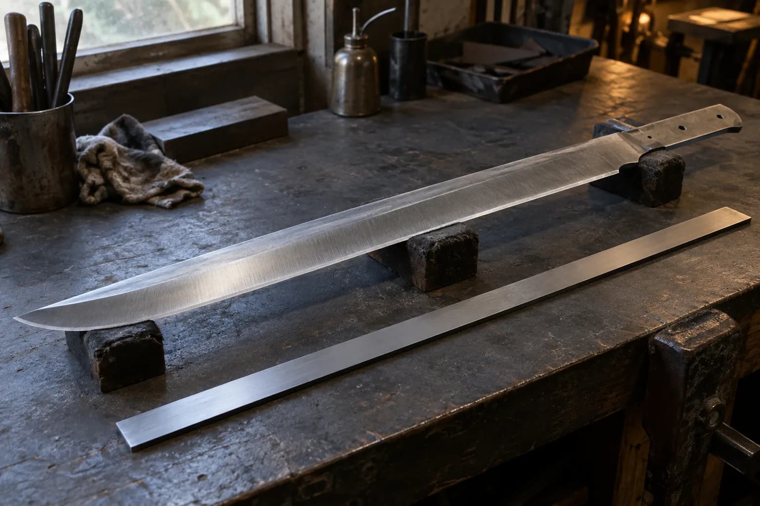 Long machete blank resting on three padded supports with a flat steel straightedge laid parallel beside it.
