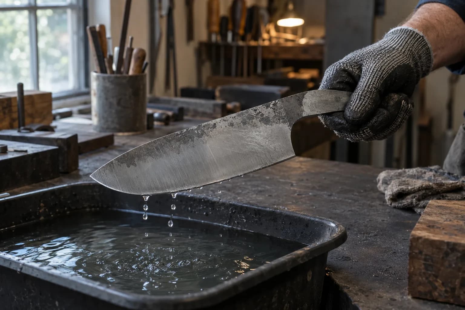Gloved hand holds a broad chopper blank by the tang over a water tub as droplets fall from the gray ground edge.