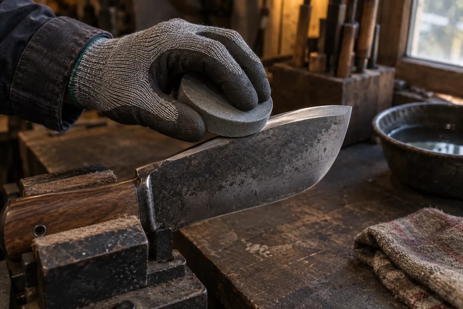 Gloved hand rests a grey sharpening puck on the bevel of an edge-up chopper clamped by its wood handle in a bench vise.