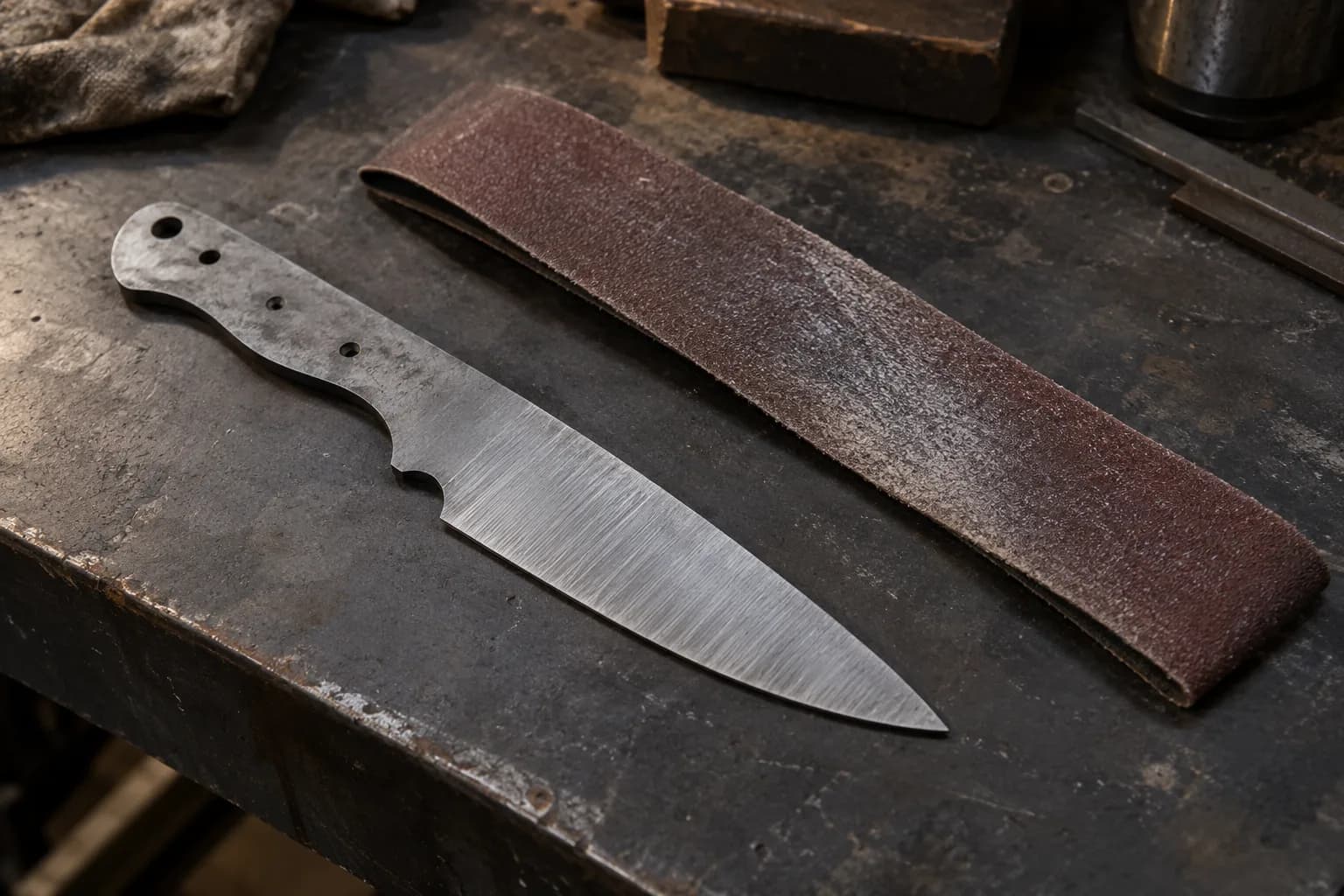 Plain unhandled knife blank with rough grind marks beside a flattened brown belt showing light silver metal loading.