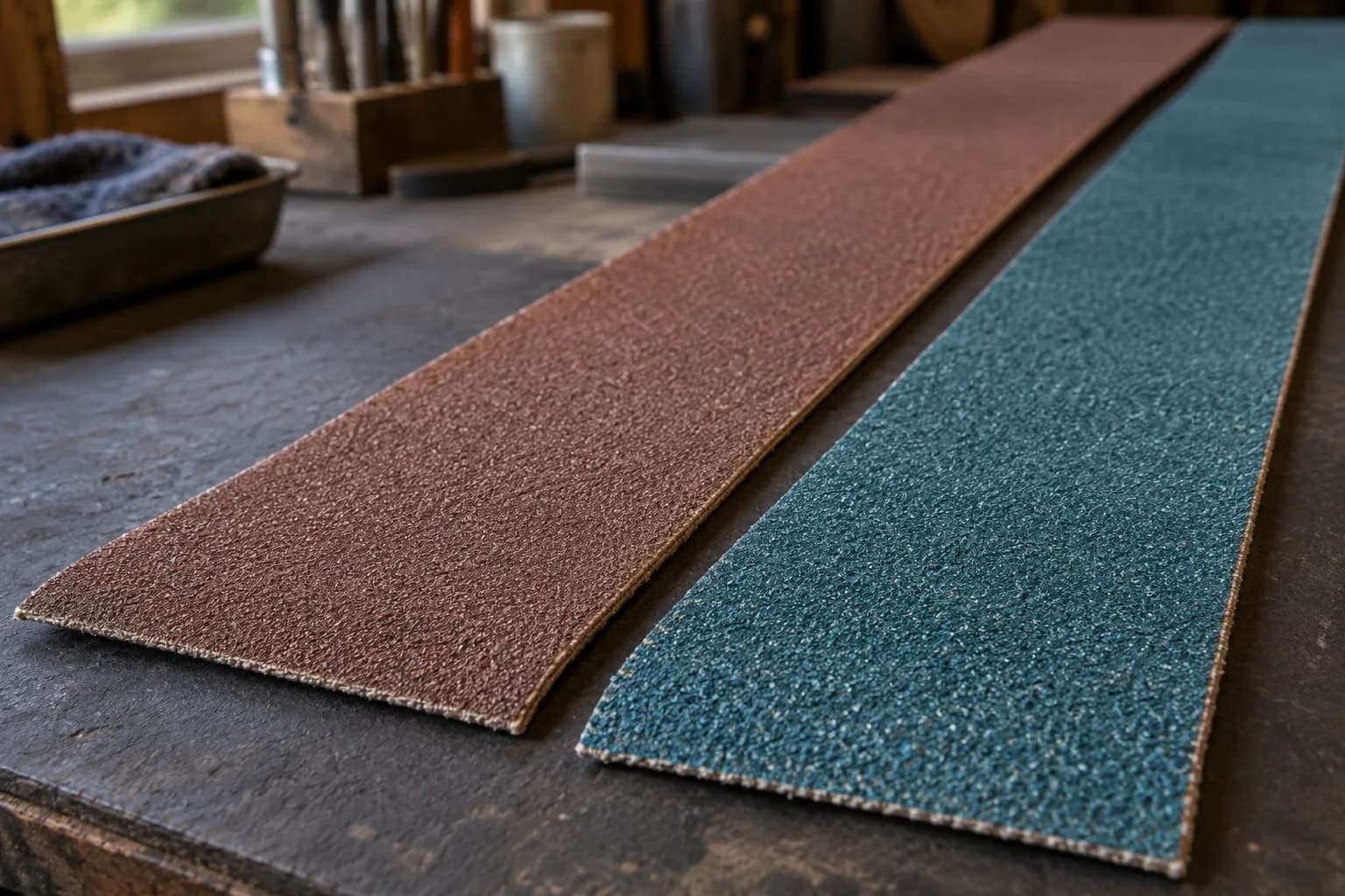 Brown aluminum-oxide and blue-green zirconia belt strips lying side by side on a dark bench, grain and cloth edges visible.