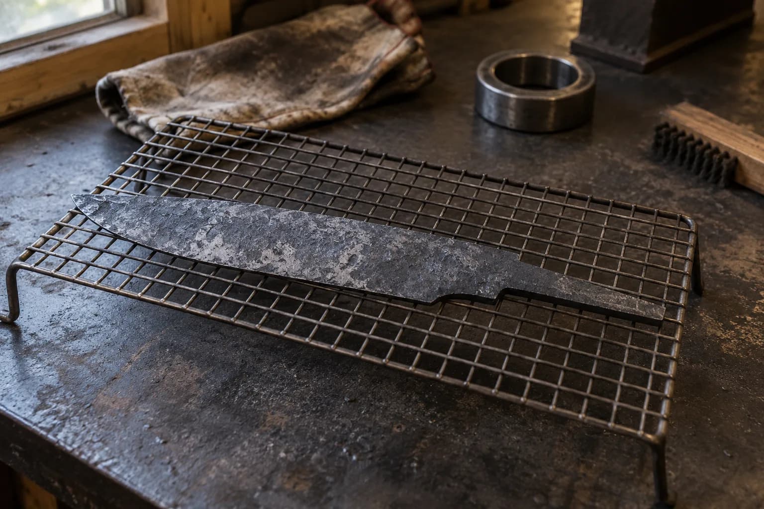 Rough forged knife blank in dark scale cooling on a raised wire rack, with a cold steel bearing ring on the bench behind.