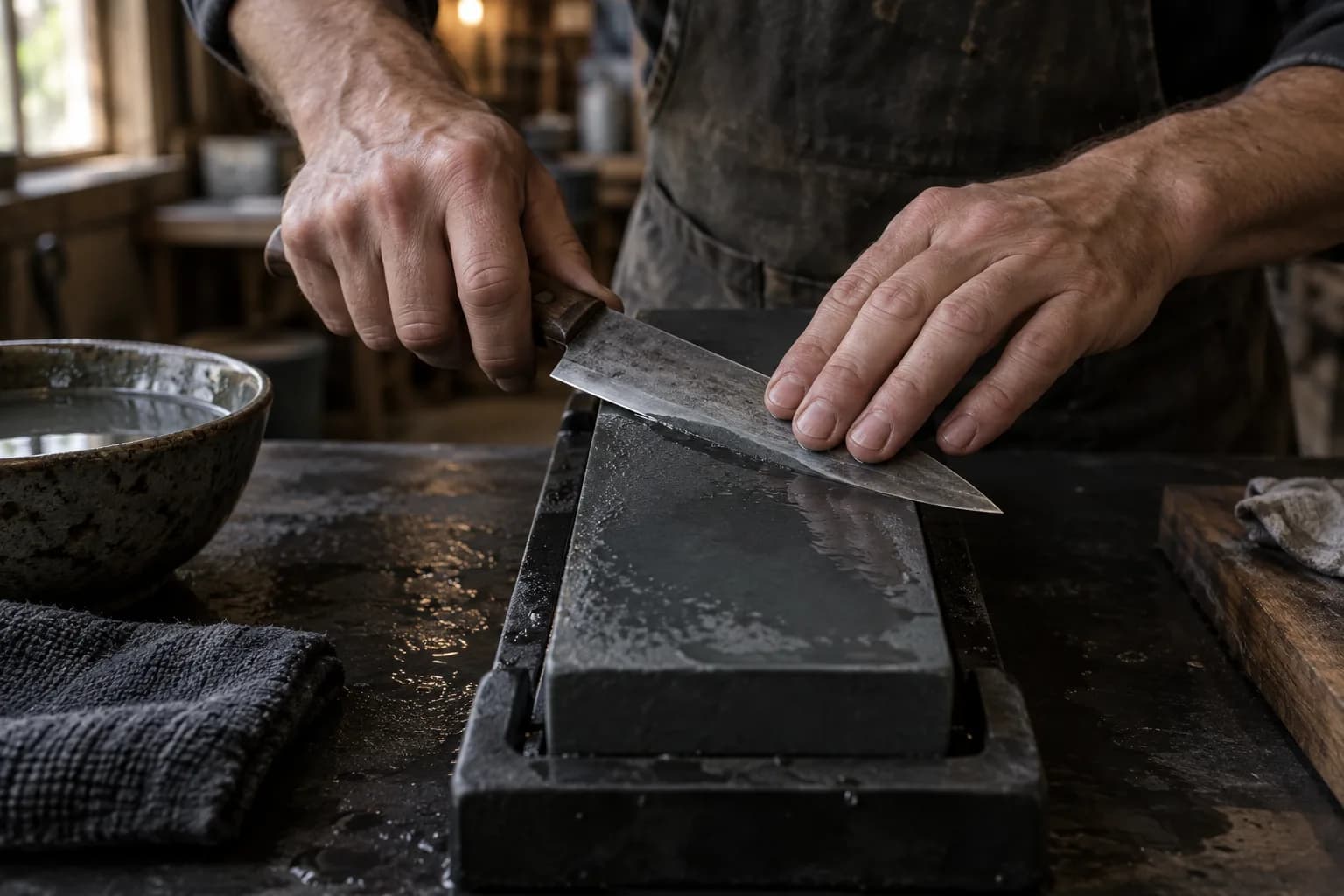 Hands hold a small knife with its bevel flat on a wet sharpening stone in a dark holder, slurry along the edge.