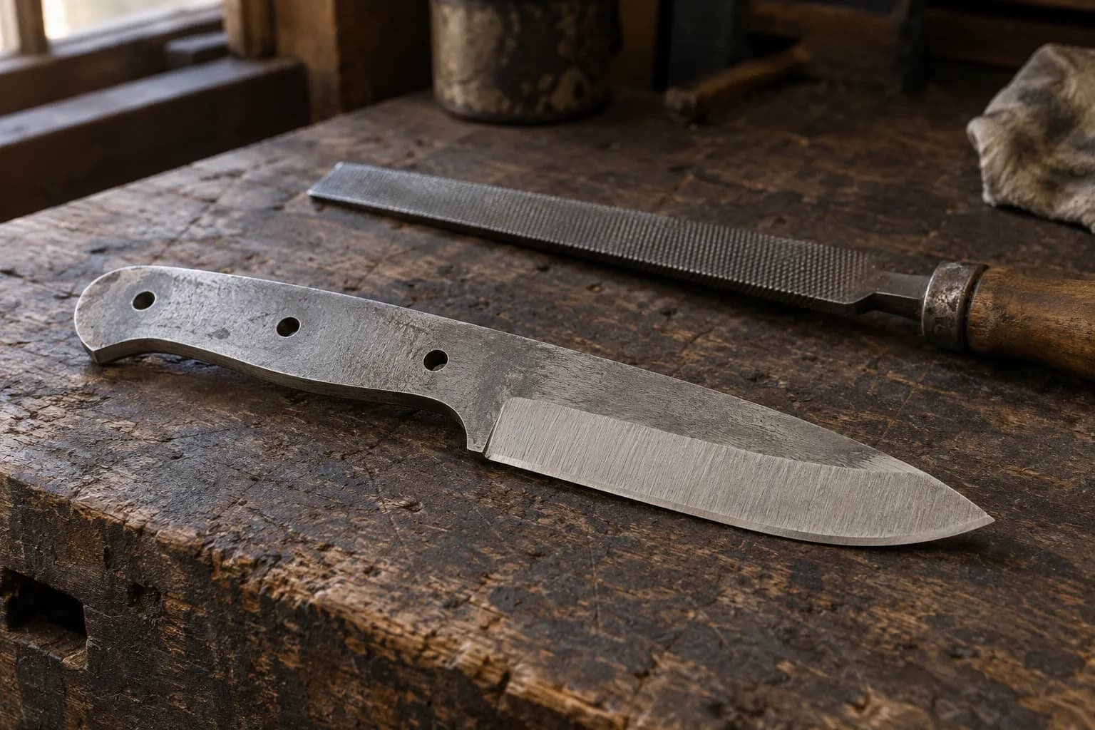 Rough-ground knife blank with three handle holes and plain bevels on a worn wood bench, a hand file behind it