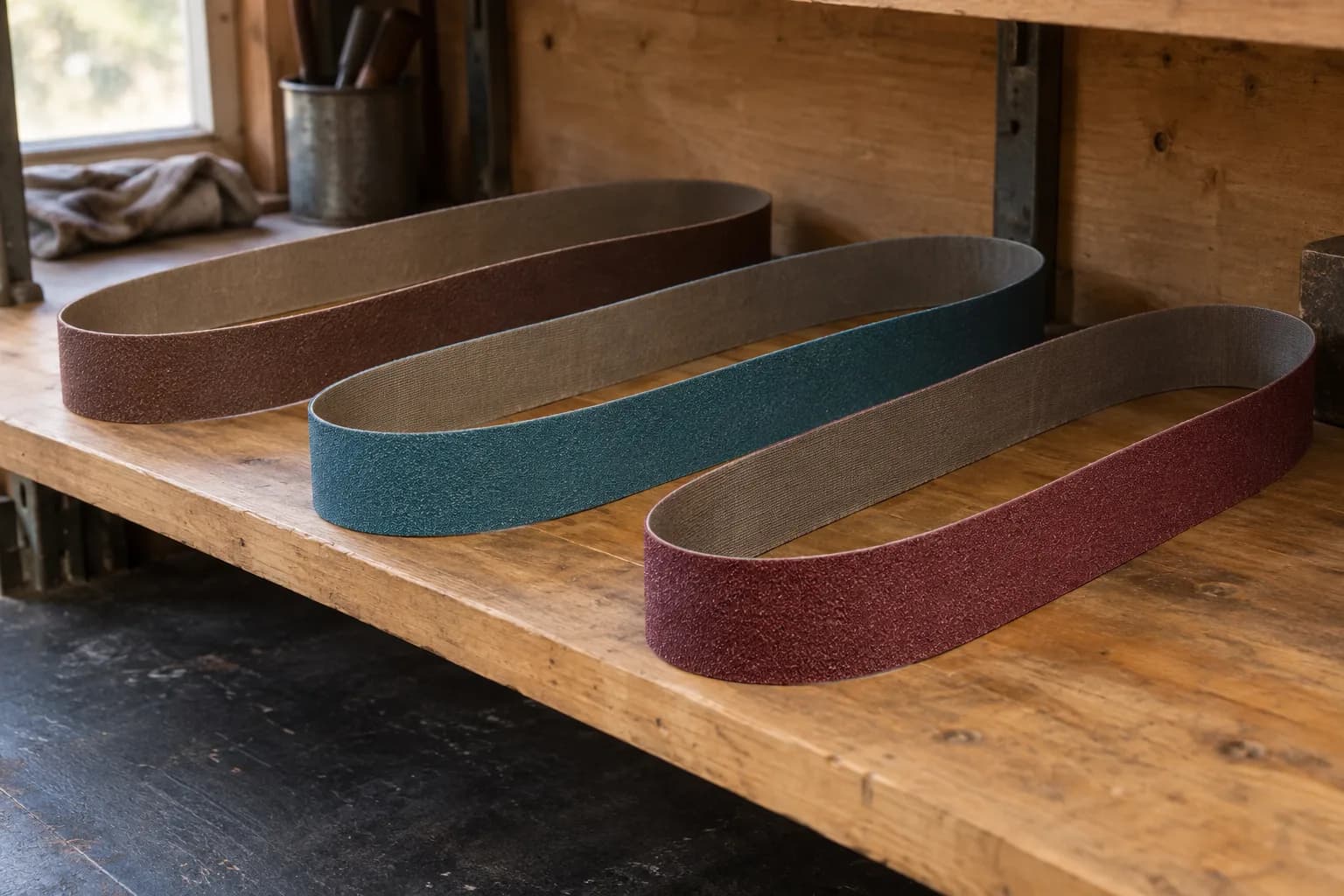 Three plain abrasive belts, brown, blue-green and maroon, standing as open loops on a wooden shop shelf