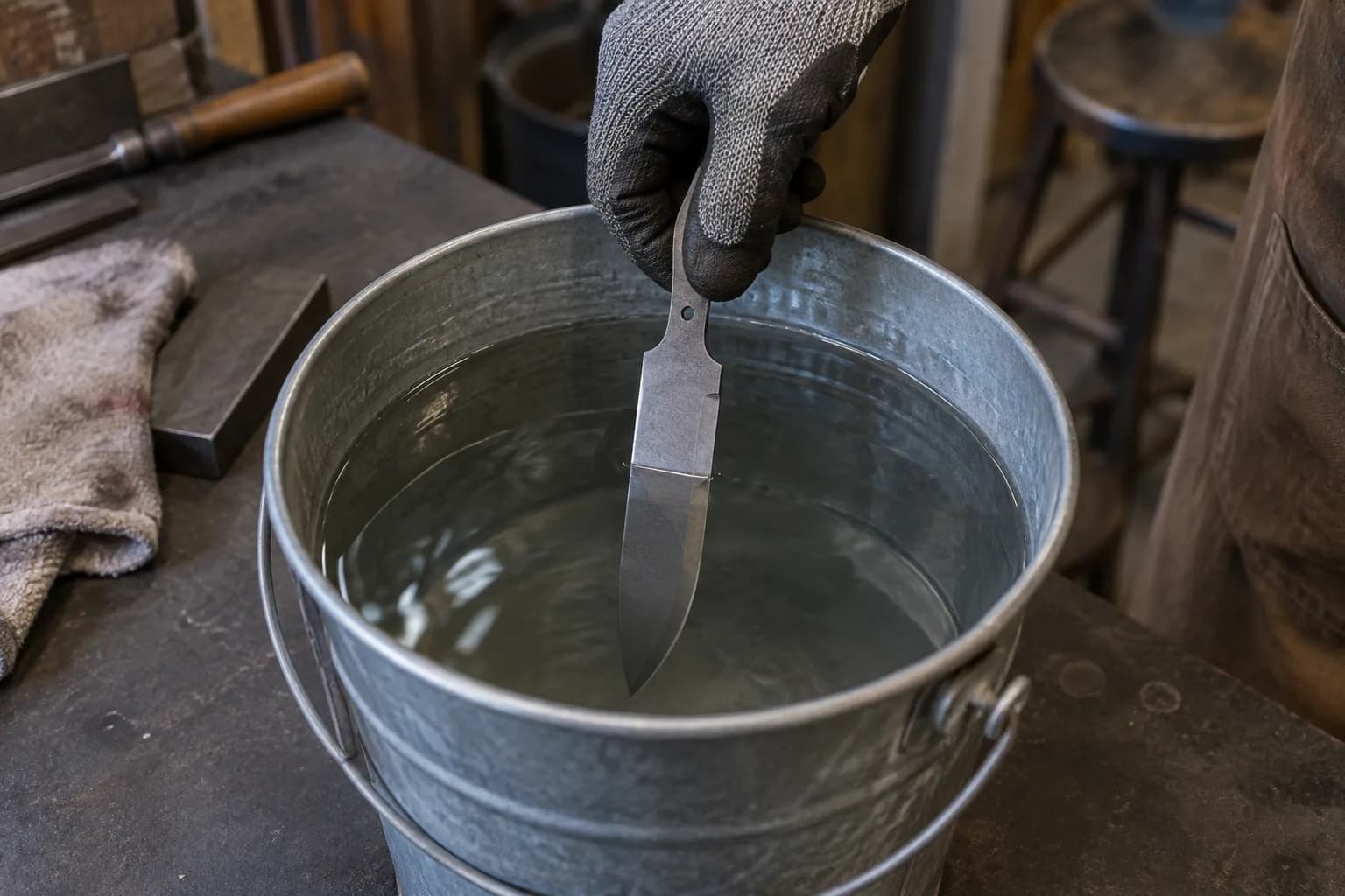 Gloved hand holds a gray knife blank by the tang, blade lowered into a galvanized water pail on a dark shop bench