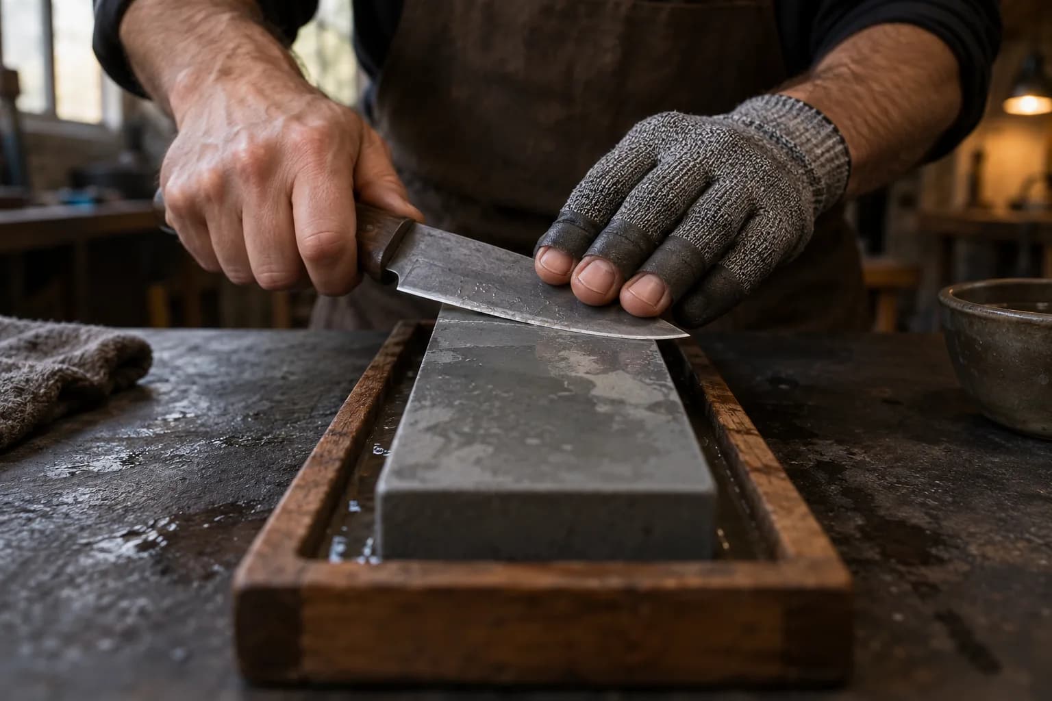 Gloved support hand holds a plain knife blade flat on a wet gray bench stone in a wooden tray while the other hand grips the handle