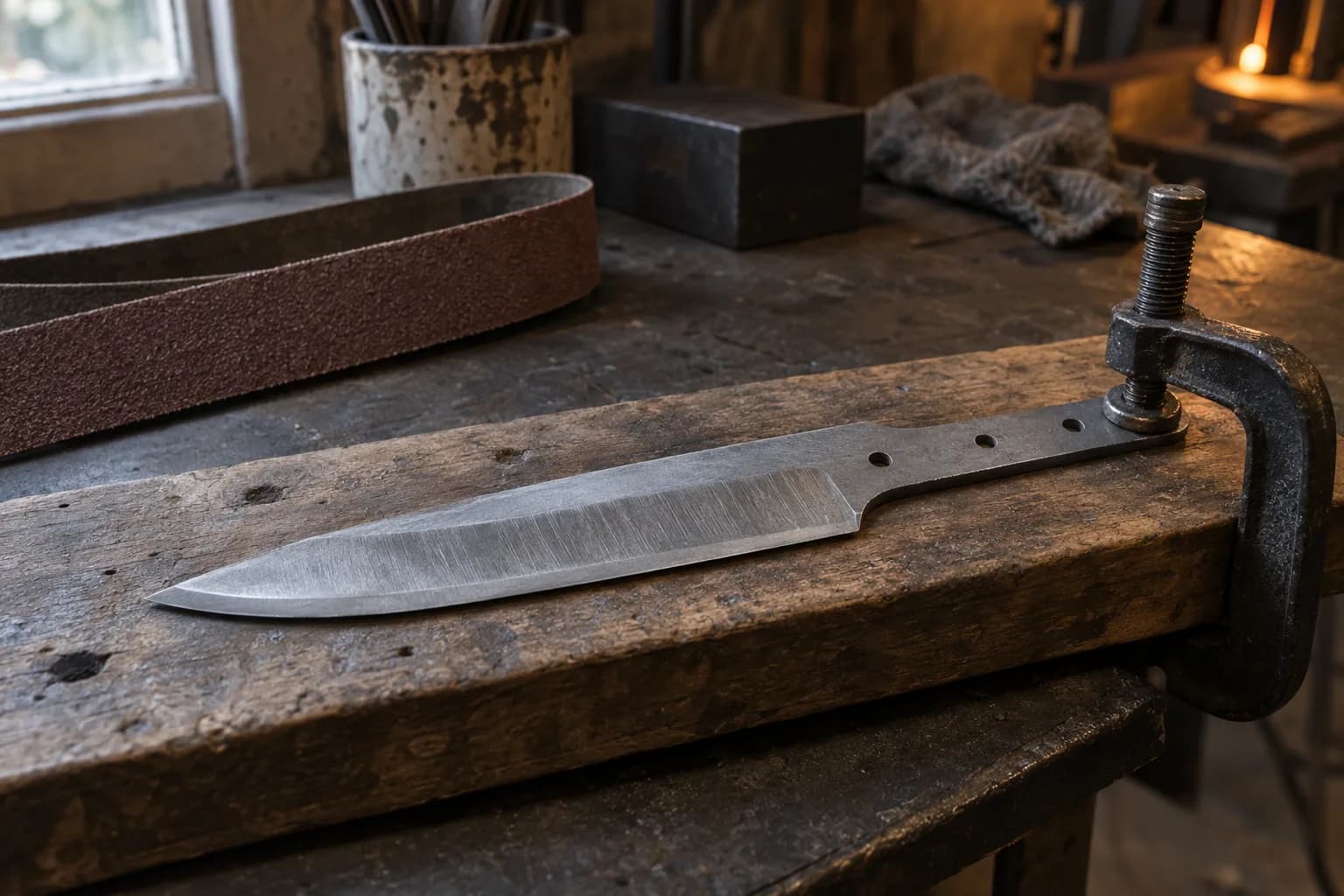 Thin drilled knife blank lying flat on a thick plank, tang held by a C-clamp, with a coiled abrasive belt beside it.