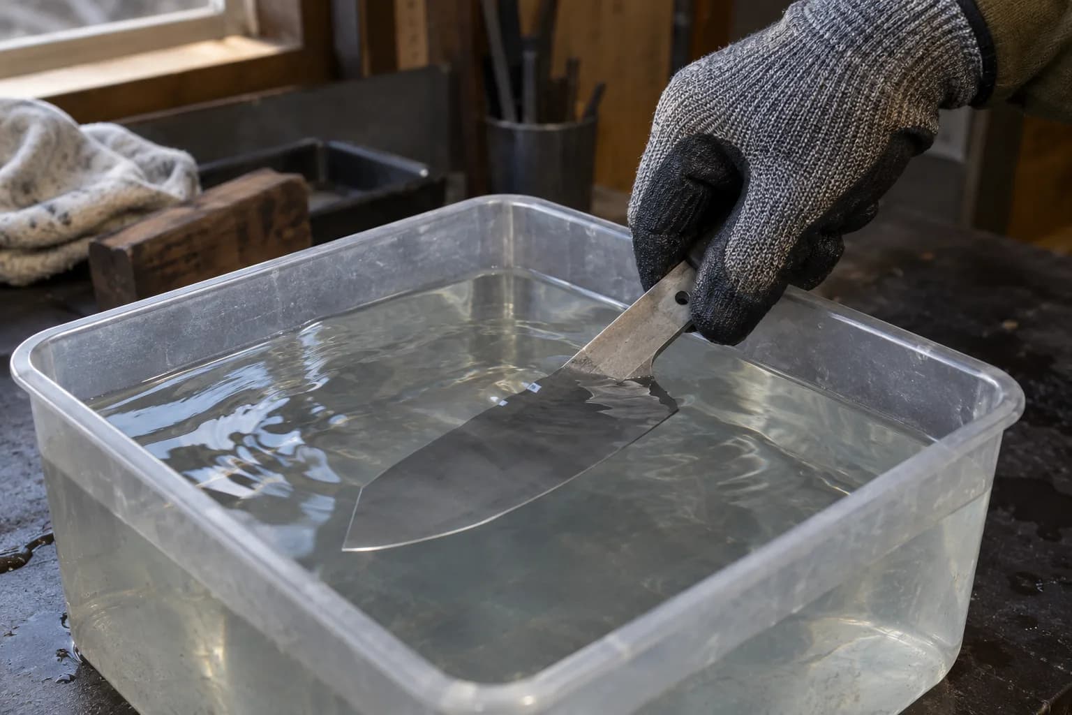 Gloved hand holds a broad blade blank by the tang, dipping it into a clear plastic water tub on a dark bench