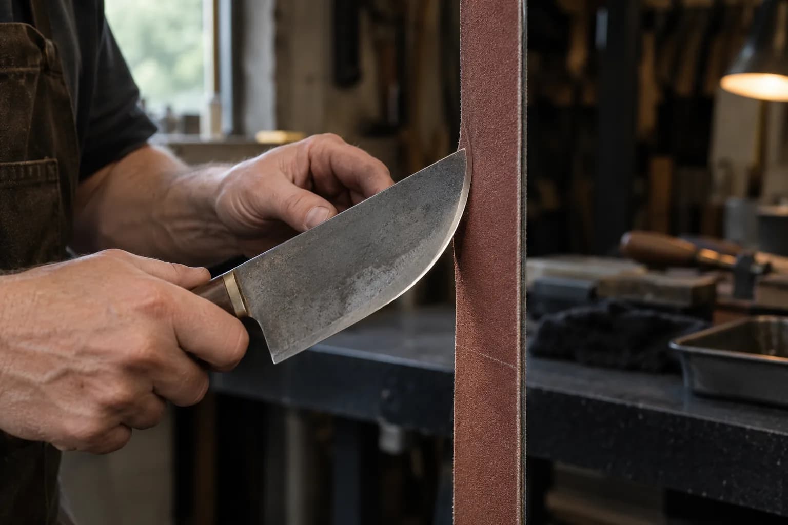 Hands hold a chopper by its handle and spine, rolling the curved edge lightly against a vertical abrasive belt span.