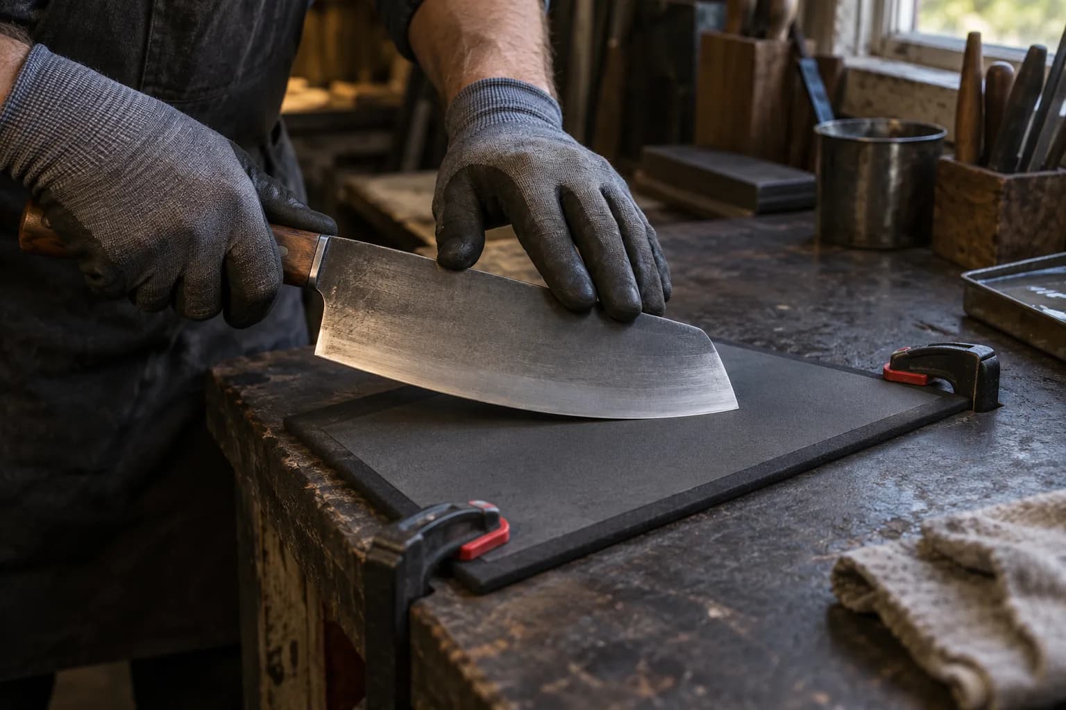 Gloved hands draw a wide chopper's edge across a dark abrasive sheet on a clamped pad on a worn workbench.