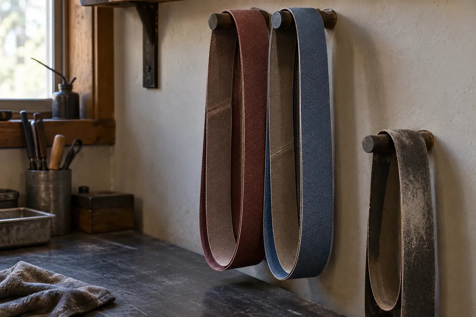 Red-brown and blue abrasive belt loops hang from wall pegs beside a dusty grey spent belt over a dark bench
