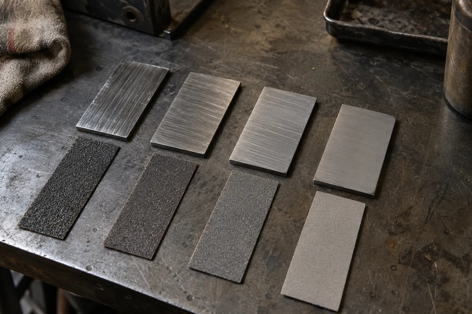 Four steel coupons with scratches growing finer left to right above four abrasive strips from coarse to fine grit