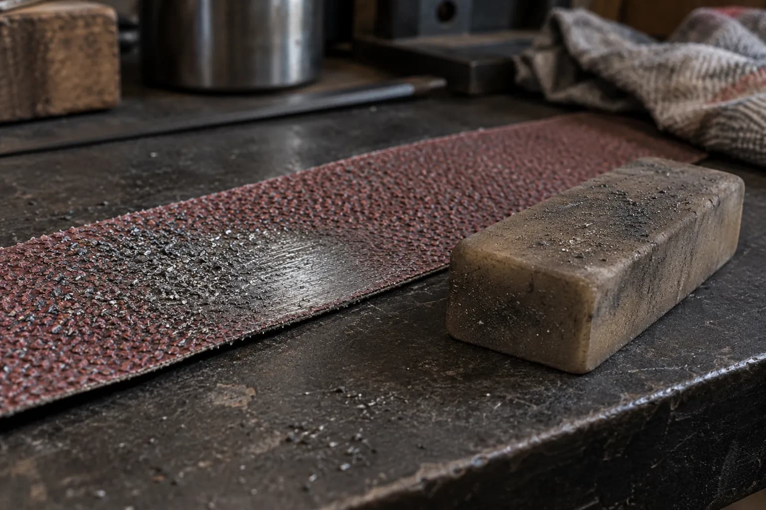 Spent red abrasive belt section with silvery swarf and a polished wear patch beside a grit-flecked rubber belt eraser