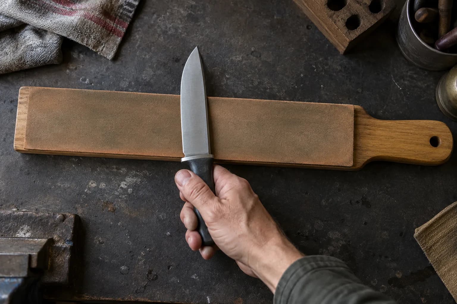 Overhead view of a hand drawing a plain utility knife across a leather strop on a wooden paddle on a dark bench