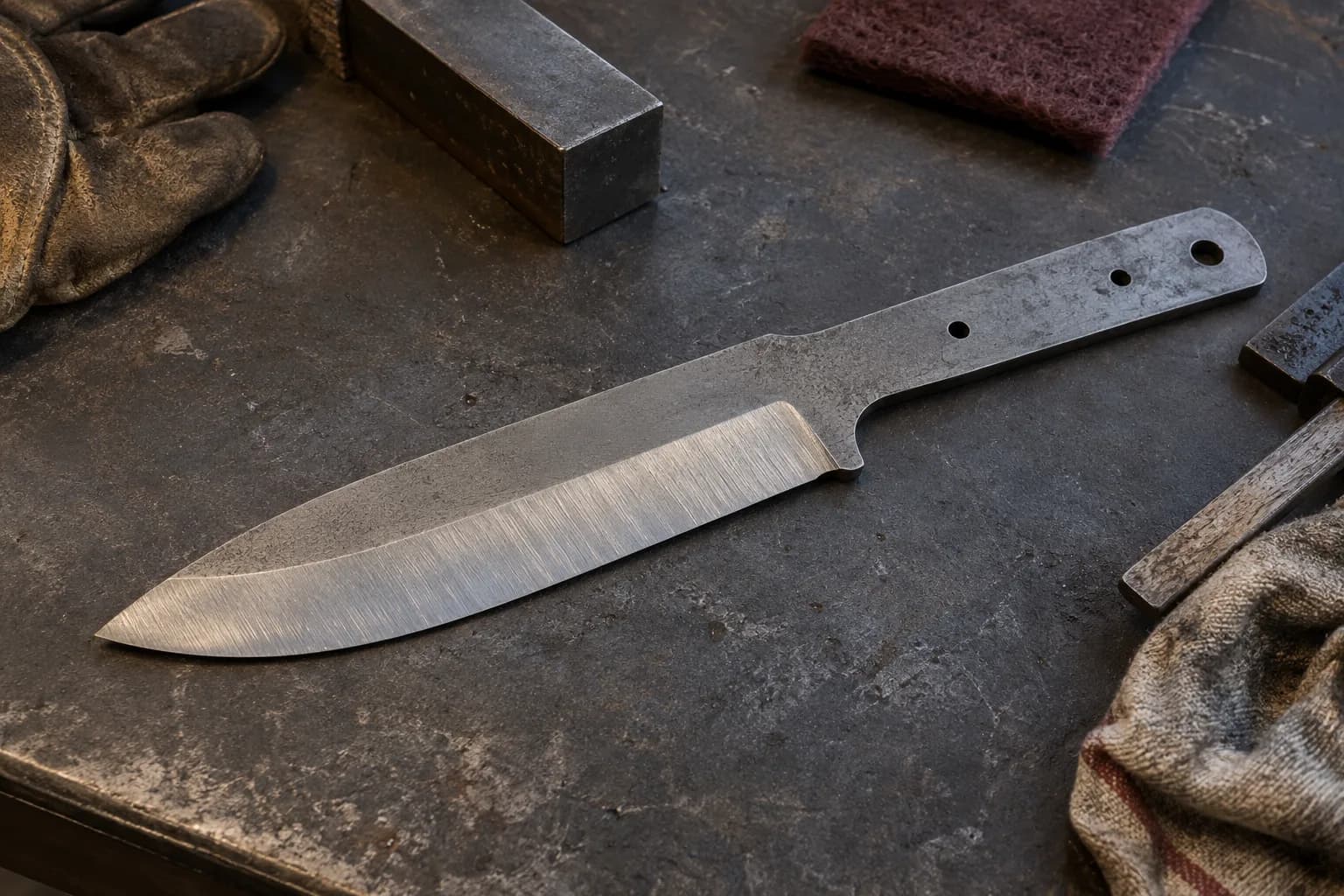 Rough-ground camp knife blank on a dark steel bench, coarse grind marks across the broad bevel, tang with pin holes