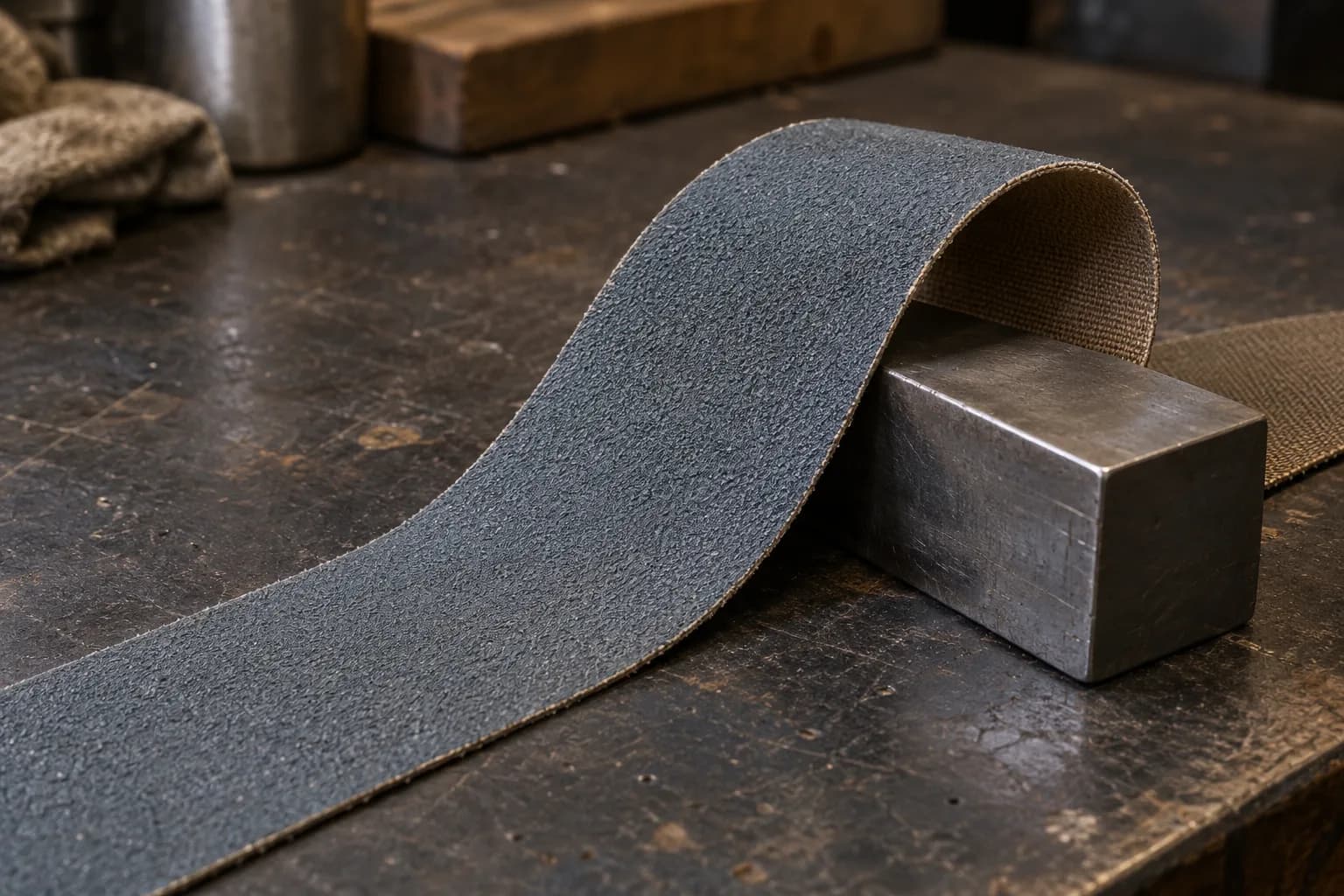 Gray abrasive belt section folded back over a steel block, showing the woven cloth backing on a worn bench