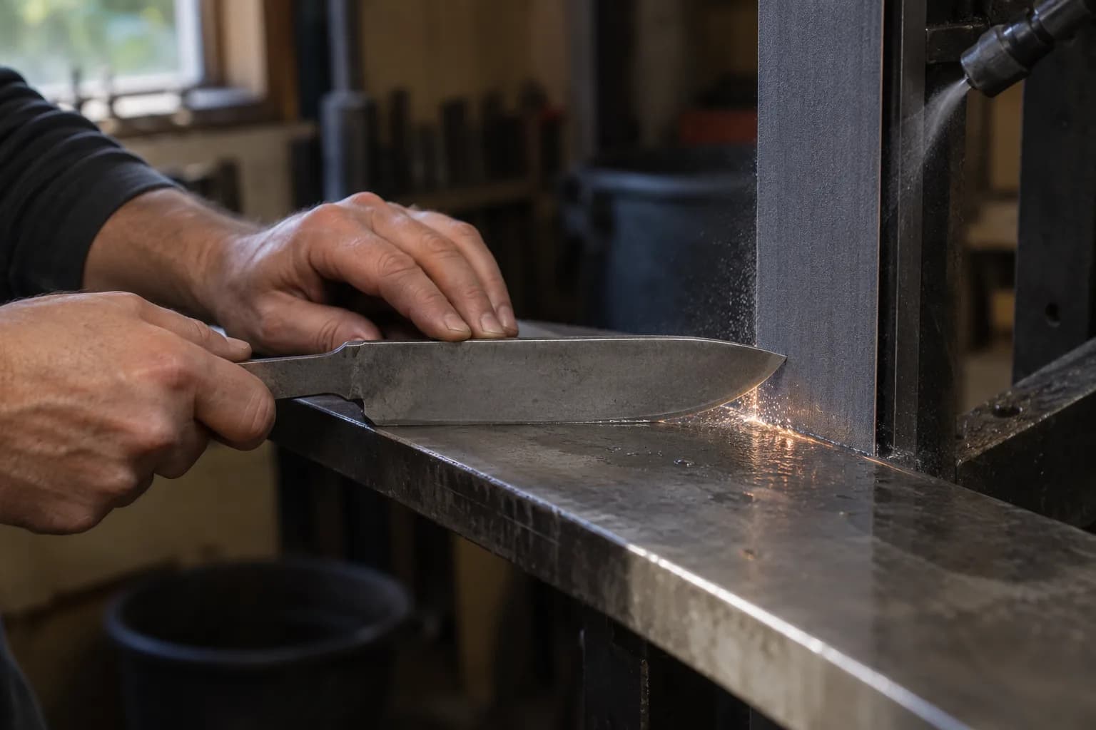 Hands steady a broad knife blank on a steel work rest as its tip meets a vertical belt, with coolant mist and a few sparks.