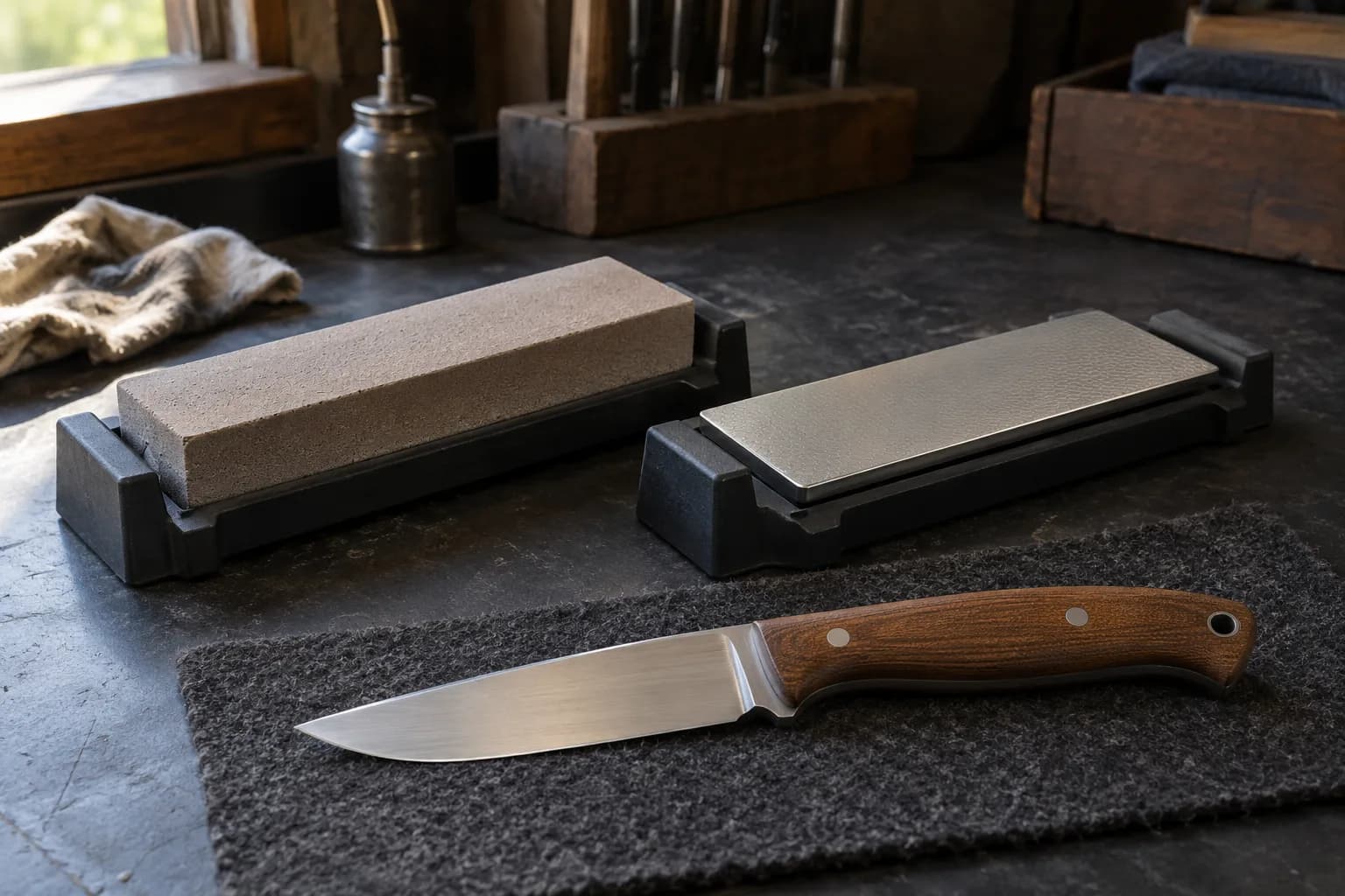 Gray bench stone and fine diamond plate in black nonslip holders beside a plain wood-handled knife on a felt pad.
