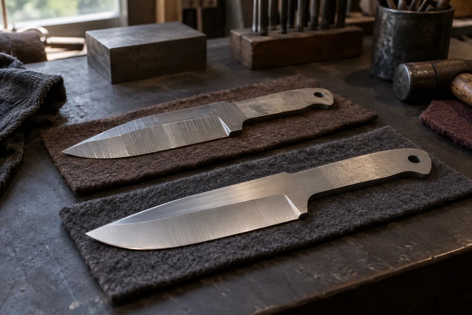 Two unfinished knife blanks on felt pads, one rough-ground and one with a clean, finely finished flat bevel