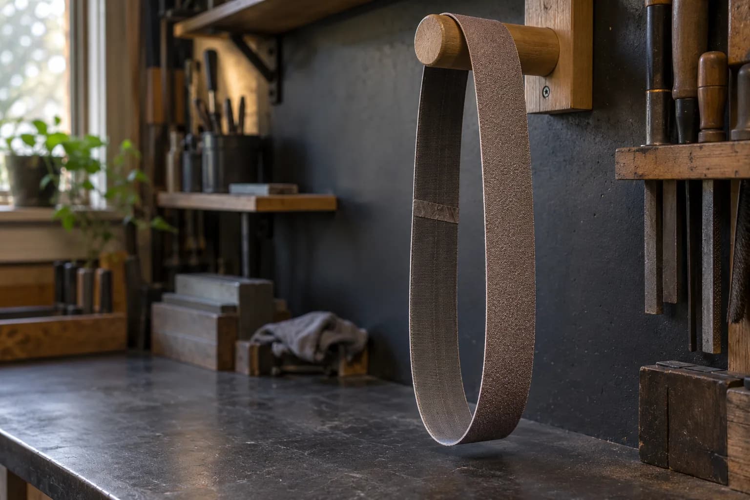 Brown abrasive belt hanging in a loop over a wooden wall peg above a dark shop bench, splice visible