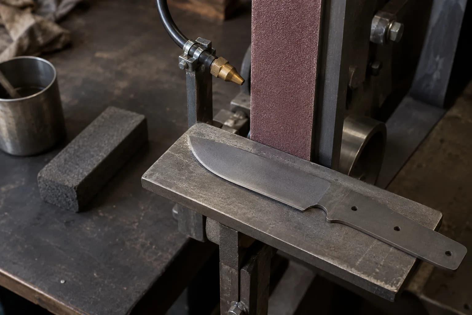 Brass coolant nozzle on a clamped bracket beside a steel work rest holding a cold knife blank, grinder belt stopped