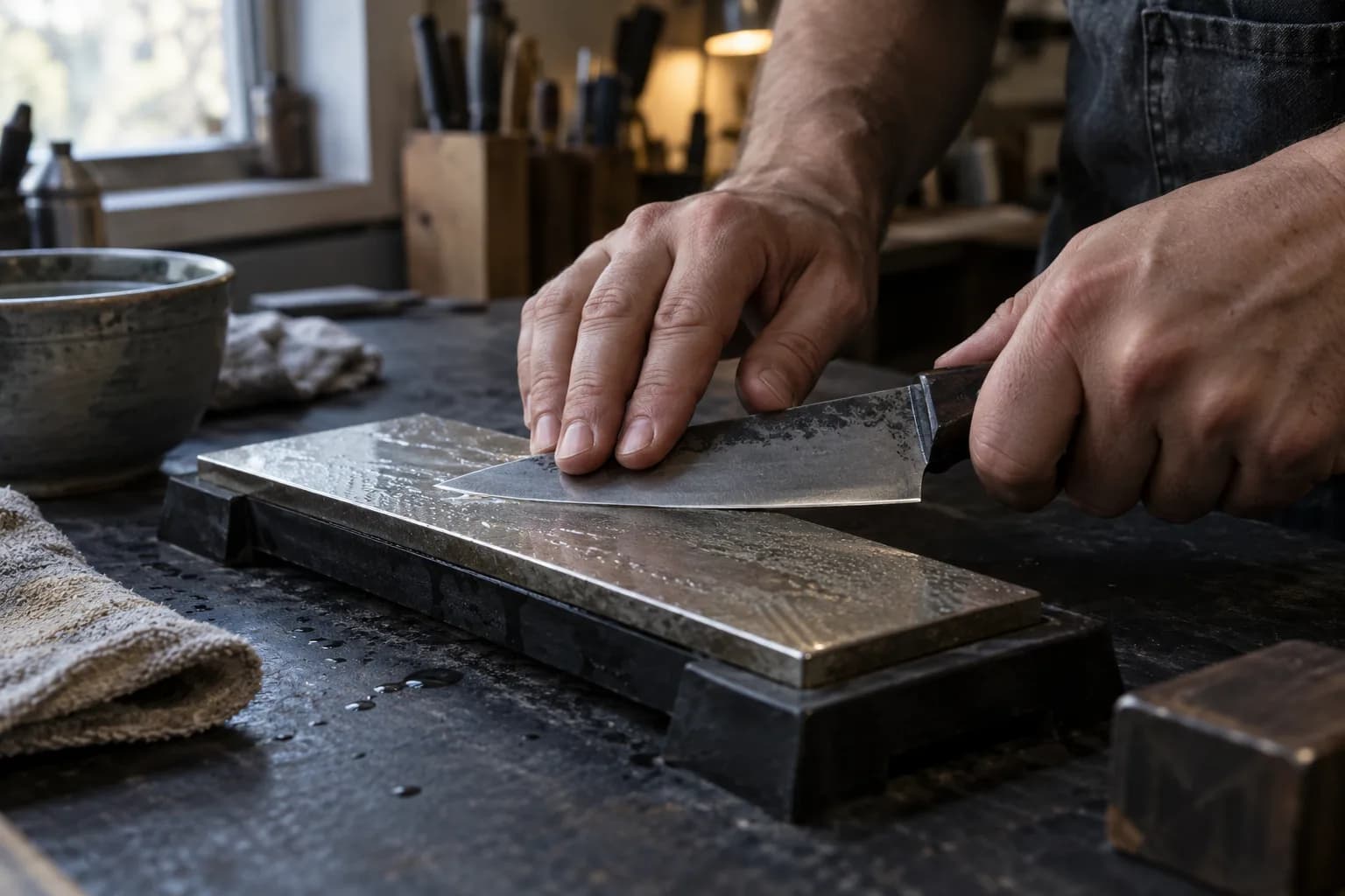 Hands drawing a knife blade across a wet diamond sharpening plate seated in a dark holder on a shop bench