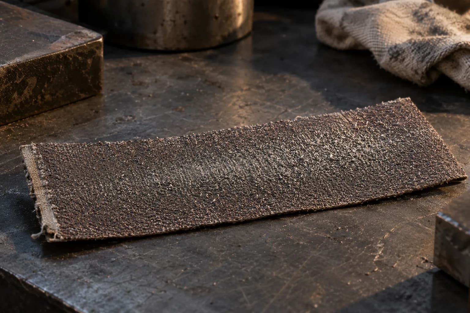 Worn abrasive belt section on a dark steel bench, grain flattened and loaded with silvery metal, cloth backing edge showing.