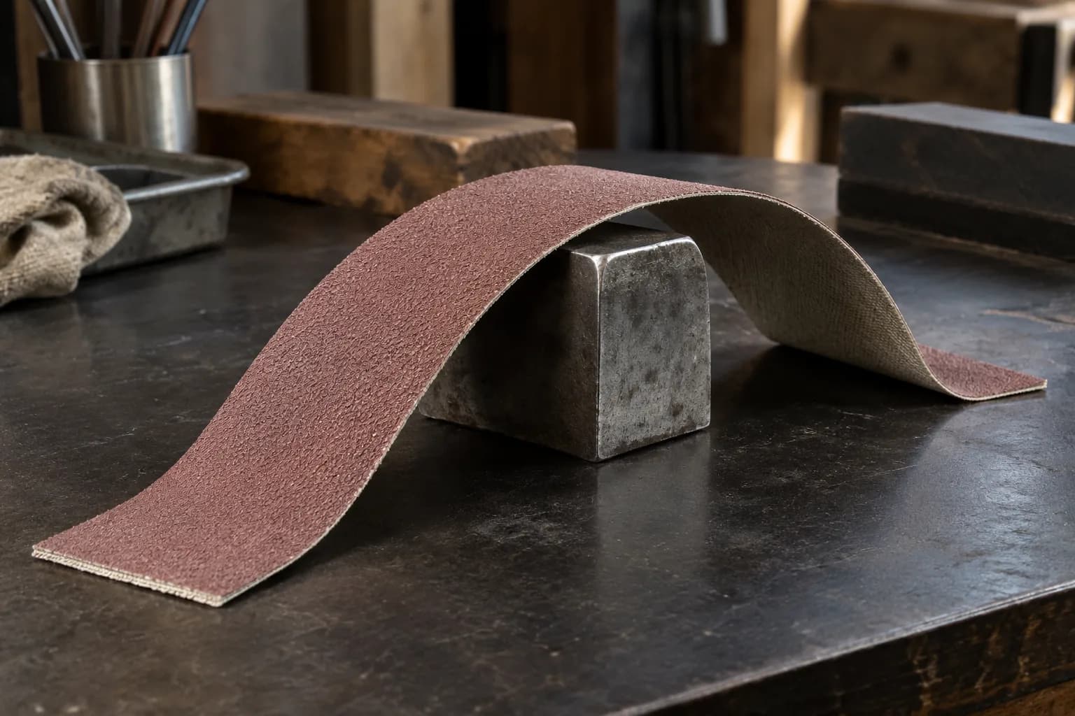 Fresh red-brown abrasive belt arched over a square steel block on a dark bench, woven backing visible on the far side.