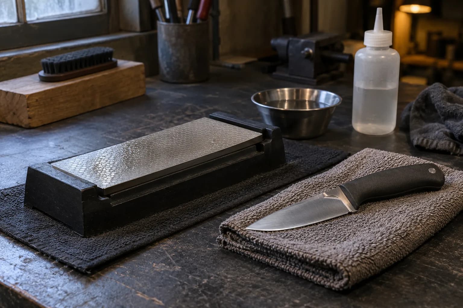 Diamond sharpening plate in a black holder on a mat, with a plain black-handled knife on a folded towel and a lubricant bottle.
