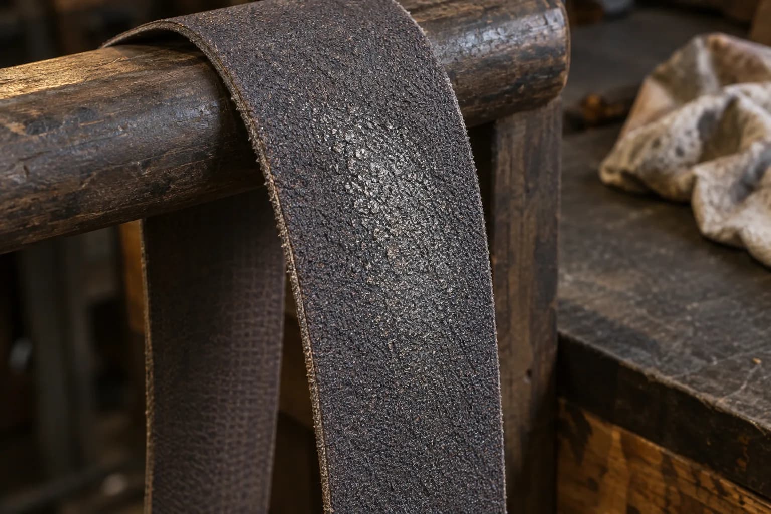 Worn abrasive belt draped over a wooden bench rail, with a silvery patch of metal loading on the grit