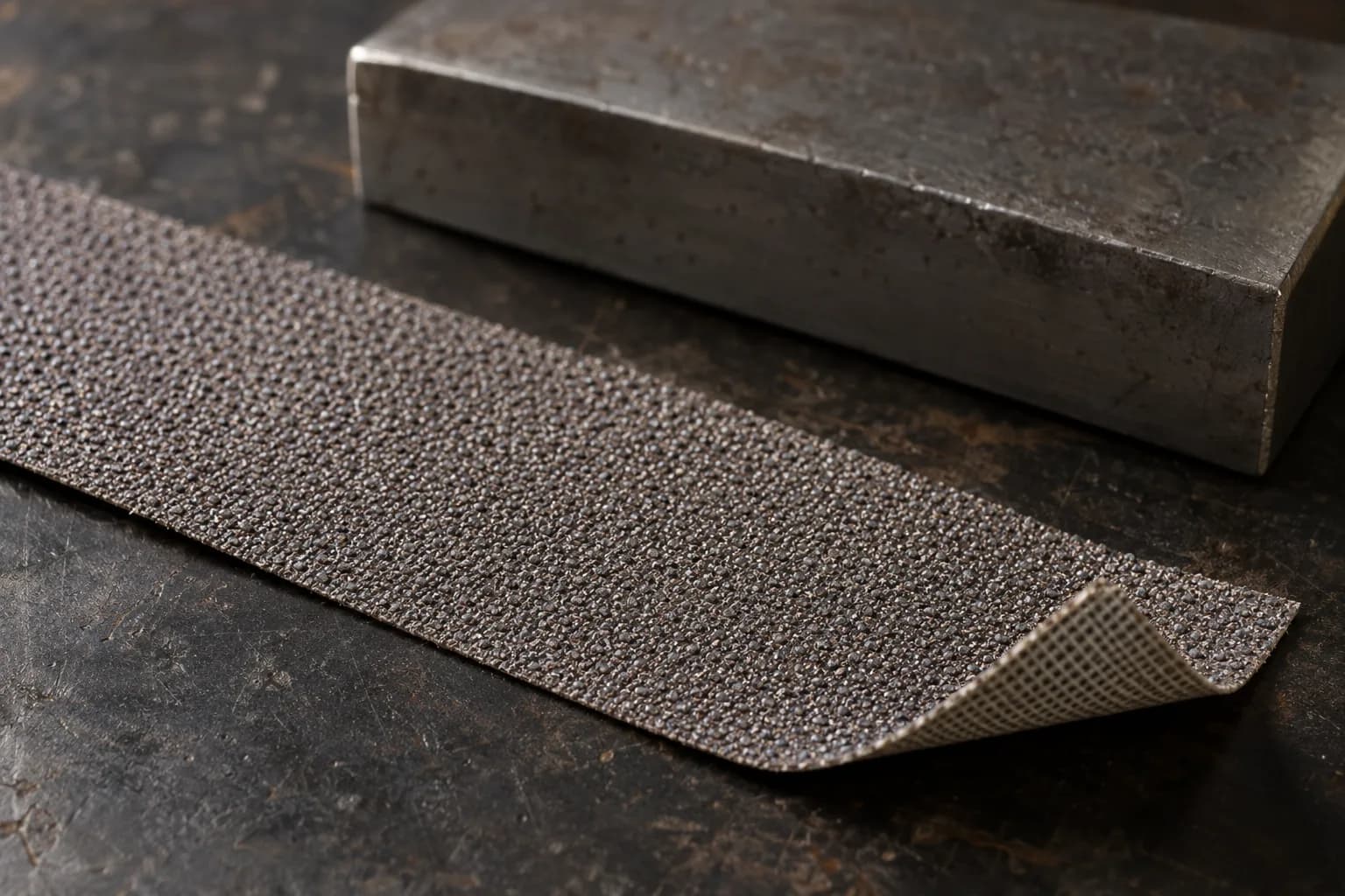 Strip of structured abrasive with fine repeating raised grit, one corner turned up to show the backing, beside a steel block