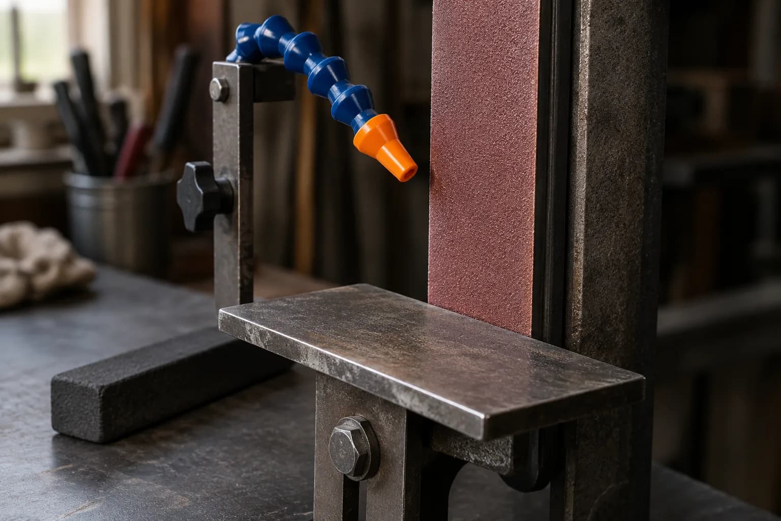Bracket-mounted segmented coolant nozzle aimed at a vertical belt above a steel work rest on a switched-off grinder