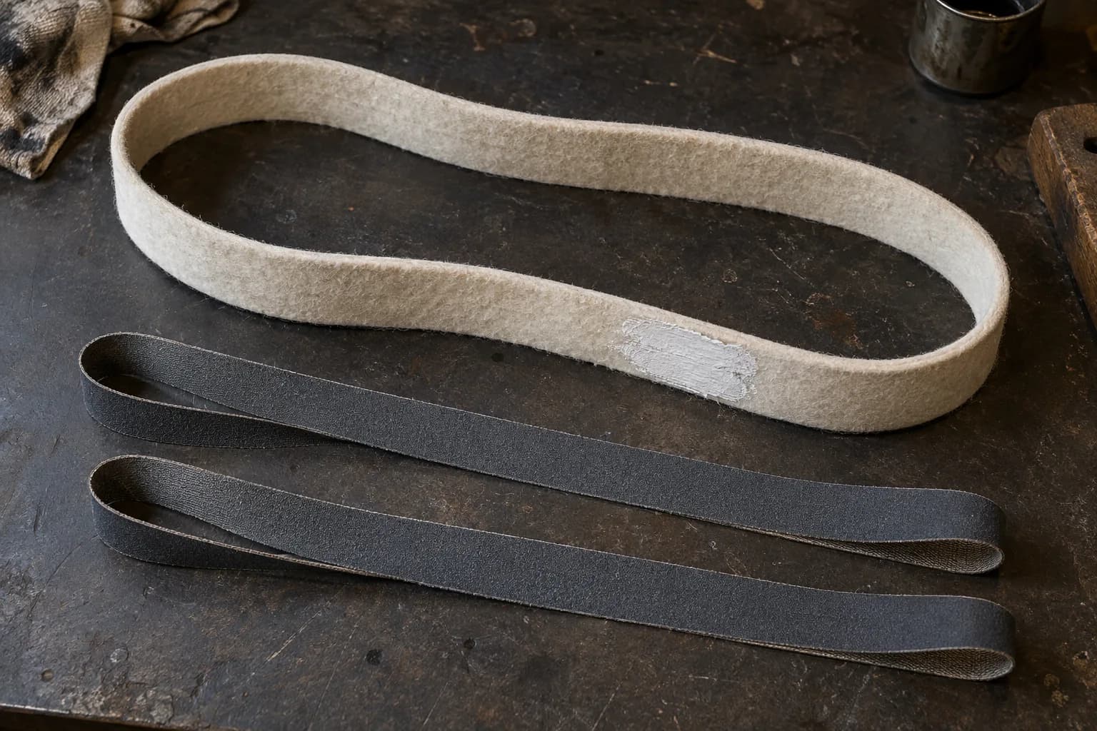 Cream felt belt loop with a thin white compound smear lying beside two flat dark fine abrasive belts on a steel bench