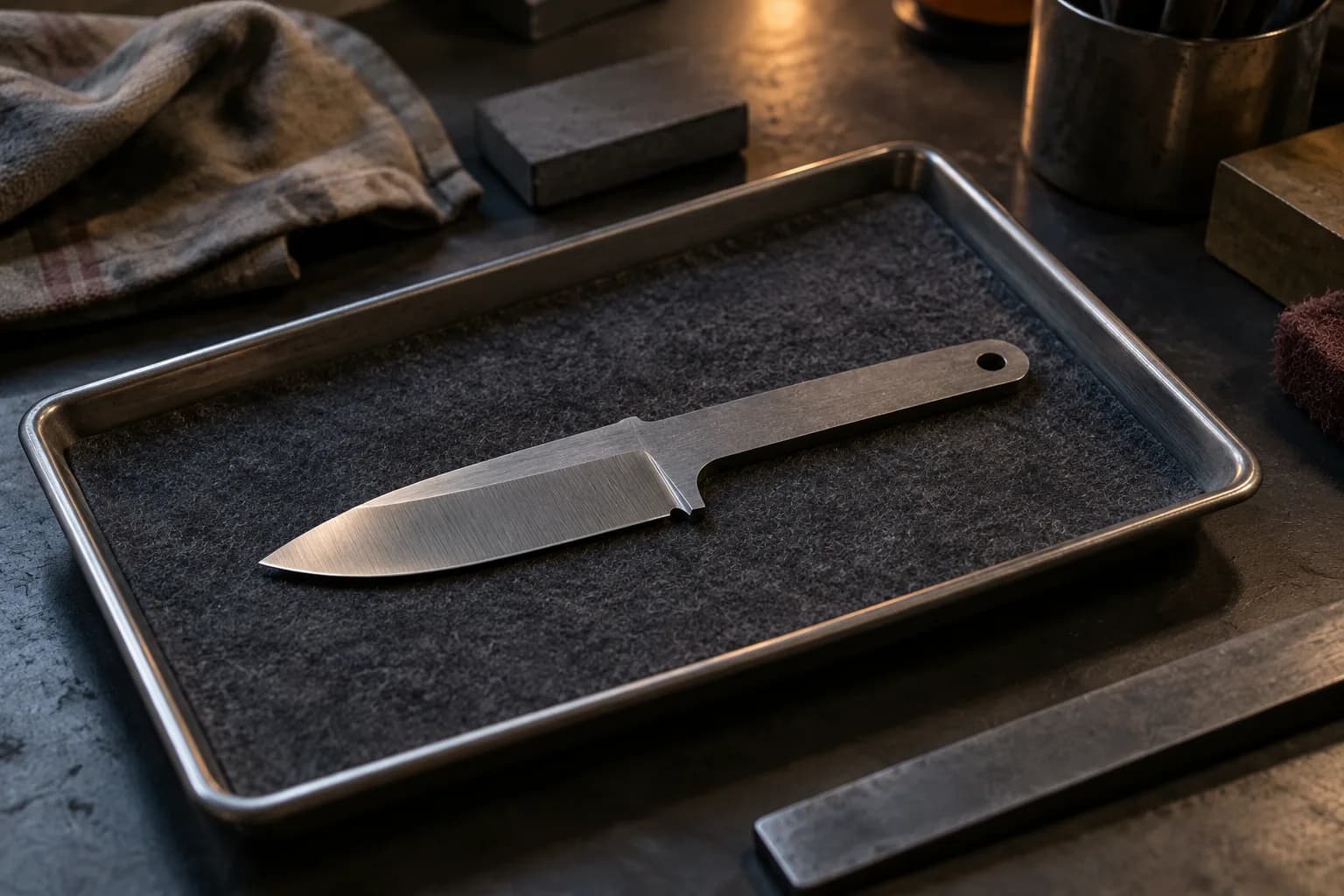 Unhandled drop-point knife blank with satin grind lines lying on a felt-lined steel tray on a dark bench.
