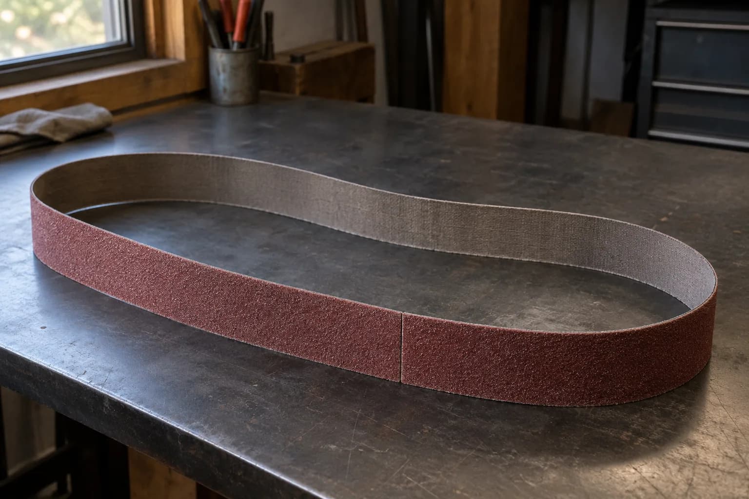 Red-brown abrasive grinder belt standing on edge in a sagging loop on a steel bench, with a butt splice across the near side.