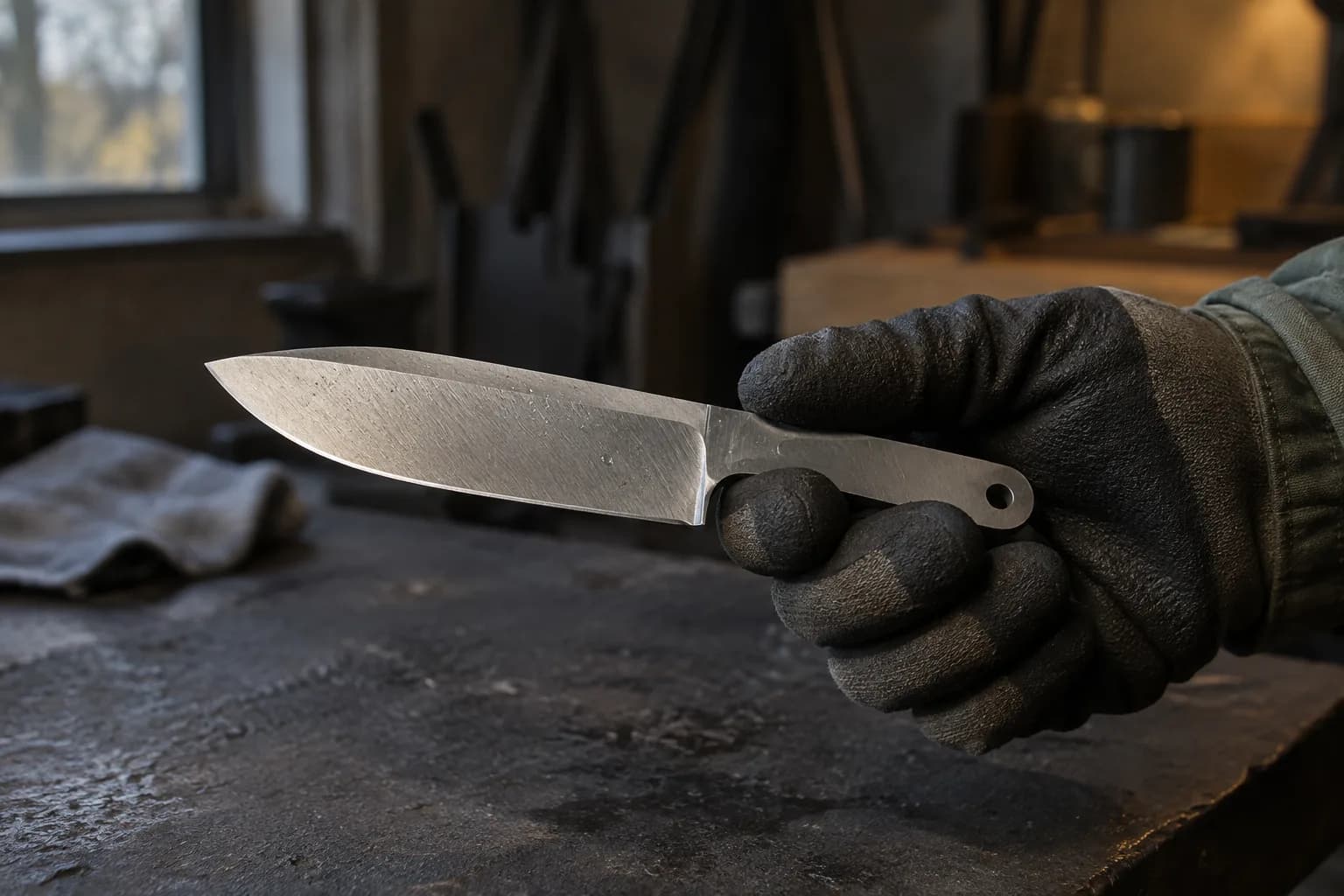 Gloved hand holding a bare ground drop-point knife blank by its tang in a dim shop, bench and rag blurred behind.