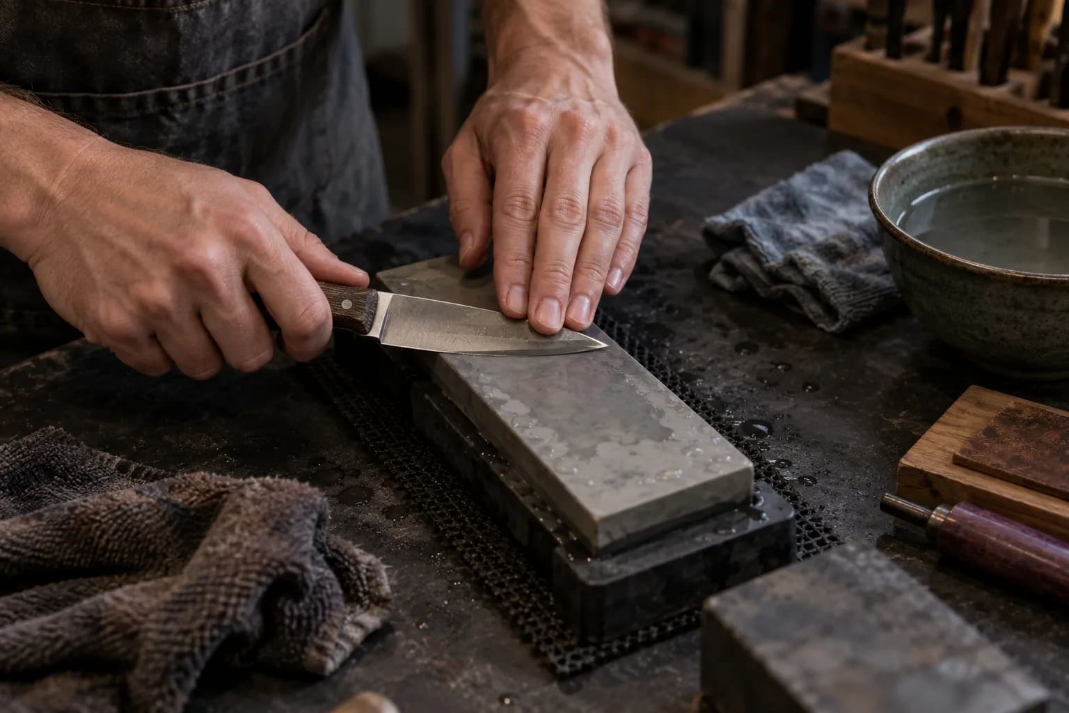 Hands drawing a small wood-handled knife along a wet gray bench stone held in a nonslip base, fingertips on the blade.